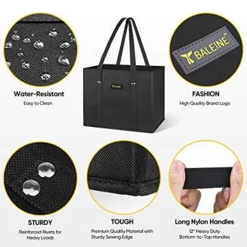 BALEINE 3Pk Reusable Grocery Bags, Foldable Shopping Bags for Groceries with Reinforced Bottom & Handles (Black)