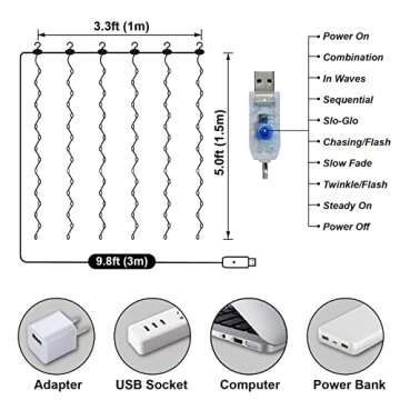 HXWEIYE Short Curtain Lights for Small Window, 3.3x5Ft USB Plug in Warm White Fairy Light with Timer & 8 Clips for Bedroom, 96Led String Light for Bedroom Indoor Weddings Party Garden Wall Décor