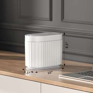 ELPHECO Mini Trash Can with Lid Small Desktop Trash Can with Lid, 5 Liter Automatic Garbage Bin, 1.3 Gallon Motion Sensor Countertop Waste Basket for Bedroom, Office, Bathroom, White with Grey Trim