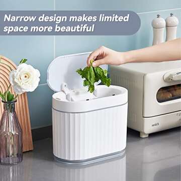 ELPHECO Mini Trash Can with Lid Small Desktop Trash Can with Lid, 5 Liter Automatic Garbage Bin, 1.3 Gallon Motion Sensor Countertop Waste Basket for Bedroom, Office, Bathroom, White with Grey Trim
