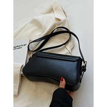 Verdusa Women's Leather Shoulder Bag Clutch Purses Trendy Hobo Crossbody Handbags Y2K Saddle Flap Underarm Purse Black One-Size