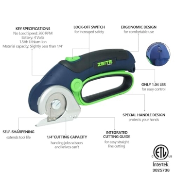 ZEITE 4V Cordless Electric Scissors, Cardboard Cutter with 2 x Blade, 1 x Storage Box, 1 x USB Charging Cable, Electric Cutter, Power Rotary Scissors for Box Carpet Plastic, Easy to Hold and Safety