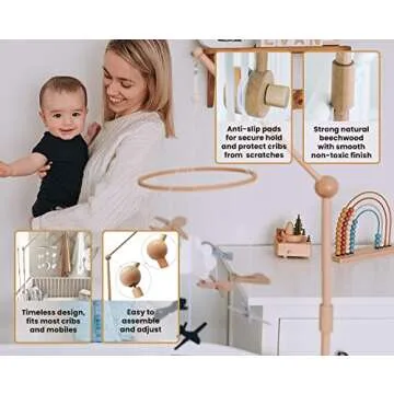Crib Mobile Arm - Wooden Baby Mobile Hanger for Crib (31 inch, 100% Natural Beech Wood) - Mobile Holder for Crib Strong Anti Slip Attachment - Mobile Stand for Crib Nursery Décor