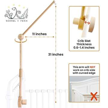 Crib Mobile Arm - Wooden Baby Mobile Hanger for Crib (31 inch, 100% Natural Beech Wood) - Mobile Holder for Crib Strong Anti Slip Attachment - Mobile Stand for Crib Nursery Décor
