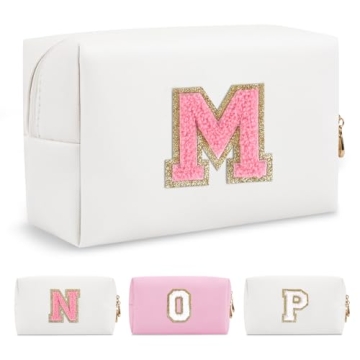 Personalized Makeup Bag Initial A-Z Preppy Patch Bag, Small PU Leather Travel Cosmetic Bag Pouch wit...