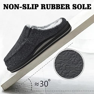 ONCAI Mens Slippers with Orthotic Arch Support,Cotton-Blend High-Density Memory Foam Plantar Fasciitis House Slippers Warm Stripe Faux Fur Clogs Slip-on Indoor Outdoor Rubber Sole BlackSize 14