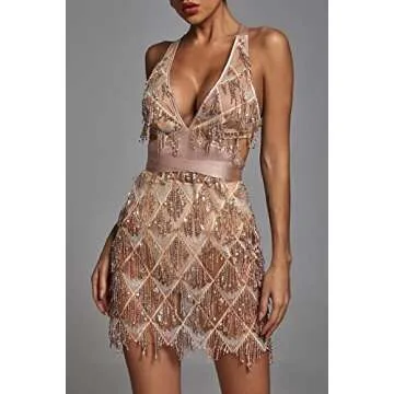 L'VOW Women's Glitter Sexy Deep V Neck Sequin Beaded Halter Bodycon Dresses Mini Nightclub Party Dresses (Champagne, XL)