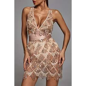 L'VOW Women's Glitter Sexy Deep V Neck Sequin Beaded Halter Bodycon Dresses Mini Nightclub Party Dresses (Champagne, XL)