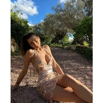 L'VOW Women's Glitter Sexy Deep V Neck Sequin Beaded Halter Bodycon Dresses Mini Nightclub Party Dresses (Champagne, XL)