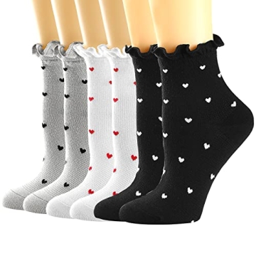 Women’s Ruffle Ankle Socks - Comfortable, Cute Hearts Pattern, 6 Pair Pack