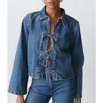 LouVasabuce Women Fashion Cropped Denim Jacket Tie Front Lapel Neck Long Sleeve Jean Coat Lightweigh...