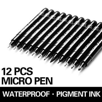 Set of 12 Black Micro-Pen Fineliner Ink Pens - Waterproof Archival ink Fine Point Micro Pen for Multiliner, Sketching, Brush Lettering, Artist Illustration, Technical Drawing, Calligraphy, Scrapbookin