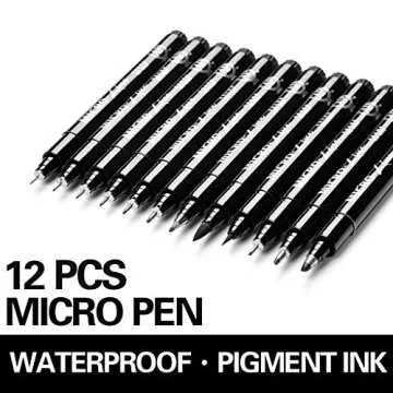 Set of 12 Black Micro-Pen Fineliner Ink Pens - Waterproof Archival ink Fine Point Micro Pen for Multiliner, Sketching, Brush Lettering, Artist Illustration, Technical Drawing, Calligraphy, Scrapbookin