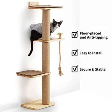 FUKUMARU Cat Scratching Activity Tree Wall Mounted, 50 Inch Scratch Post for Large Cats, Kittens with Cat Bed, Rubber Wood, Large