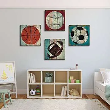 Sports Decor for Boys Room Wall Decor Vintage Baseball Soccer Pictures Kids Bedroom Wall Art Basketb...