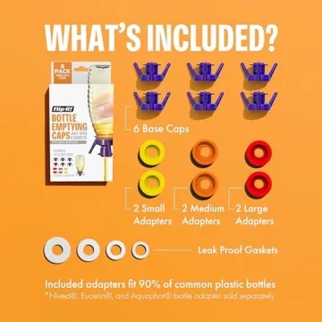 Flip-It! Bottle Emptying Kit – 6 Bottle Pack - No more wasted product - Fits most plastic bottles – 6 Base Caps, 6 Adapters – Bright Color Edition