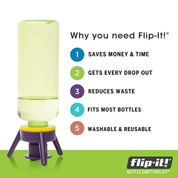 Flip-It! Bottle Emptying Kit – 6 Bottle Pack - No more wasted product - Fits most plastic bottles – 6 Base Caps, 6 Adapters – Bright Color Edition