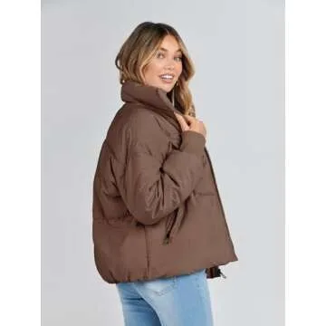 MEROKEETY Women's 2025 Winter Long Sleeve Zip Puffer Jacket Baggy Short Coats, Coffee, M