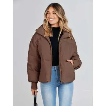 MEROKEETY Women's 2025 Winter Long Sleeve Zip Puffer Jacket Baggy Short Coats, Coffee, M