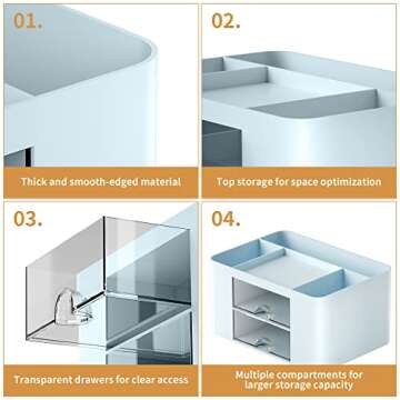 Marbrasse Pen Organizer with 2 Drawer, Multi-Functional Pencil Holder for Desk, Desk Organizers and Accessories with 5 Compartments + Drawer for Office Art Supplies (Blue)