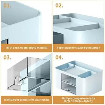 Marbrasse Pen Organizer with 2 Drawer, Multi-Functional Pencil Holder for Desk, Desk Organizers and Accessories with 5 Compartments + Drawer for Office Art Supplies (Blue)