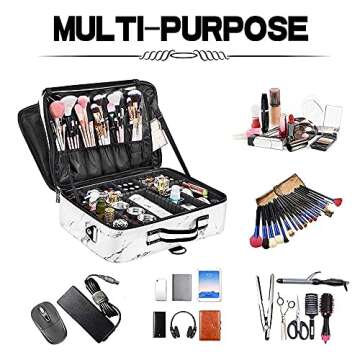 gzcz PU Leather Travel Makeup Bag 16" Large Professional Cosmetic Case Organizer Makeup Train Case with Adjustable Dividers and Shoulder Strap for Makeup Brushes Toiletry Jewelry Digital Accessories