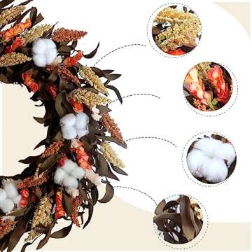 Bibelot 20 inch Autumn Wreath Cotton Ball with Artificial Grain Wreath Thanksgiving Rustic Harvest W...