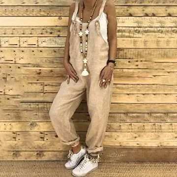 WUAI Women's Summer Rompers Casual Loose Baggy Bib Pants Linen Cotton Wide Leg Harem Overalls Jumpsuits(Khaki,3X-Large)