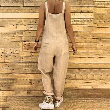 WUAI Women's Summer Rompers Casual Loose Baggy Bib Pants Linen Cotton Wide Leg Harem Overalls Jumpsuits(Khaki,3X-Large)