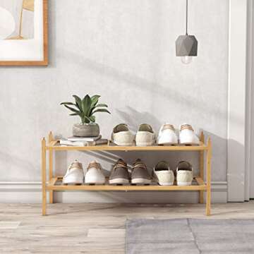 BAMEOS 2-Tier Shoe Rack,Bamboo Stackable Shoe shelf Storage Organizer,27"x11"x13" For Entryway, Hallway, and Closet