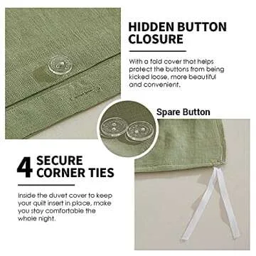 Simple&Opulence 100% Linen Duvet Cover Set 3pcs Basic Style Natural French Washed Flax Solid Color Soft Breathable Farmhouse Bedding with Button Closure - Sage Green, Queen