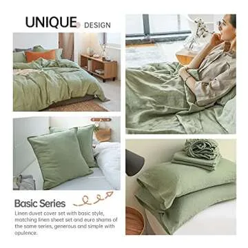 Simple&Opulence 100% Linen Duvet Cover Set 3pcs Basic Style Natural French Washed Flax Solid Color Soft Breathable Farmhouse Bedding with Button Closure - Sage Green, Queen