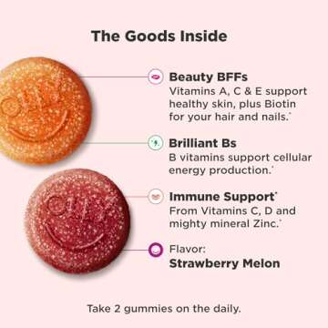 Olly Teen Girl Multi Gummy, Healthy Skin and Immune Support, 15 Essential Vitamins, Biotin, Zinc, Calcium, Chewable Multivitamin, Berry Melon, 35 Day Supply, 70 Count