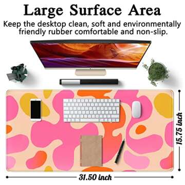 Pink Desk Mat Modern Abstract Large Mouse Pad XXL Cute Pink Desk Pad Keyboard Mat, Desk Accessories for Women Office Decor, Extended Mousepad 31.5''X15.7'' Non-Slip Rubber Base with Stitched Edges