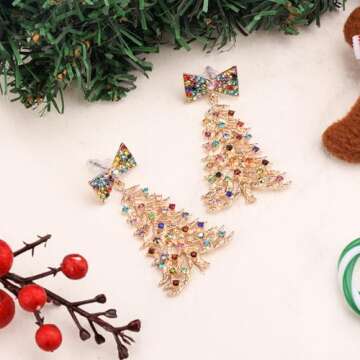 Christmas Tree Dangle Earrings, 2.4in Colorful Rhinestone-Encrusted Xmas Earrings Lightweight Holiday Drop Earrings for Women Festival Jewelry Gift for Holiday Christmas Party
