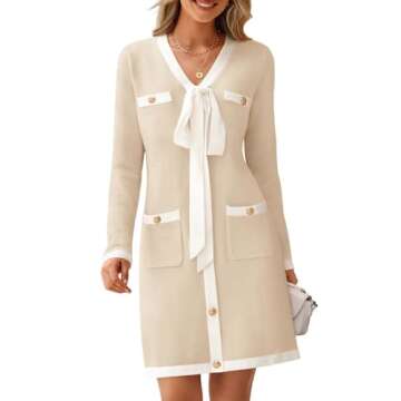 MEROKEETY Women Long Sleeve Color Block Sweater Dress Button Bow Tie Elegant Formal Work Mini Dresse...