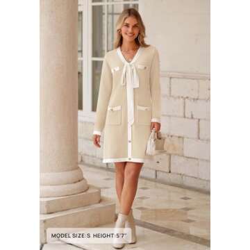 MEROKEETY Women Long Sleeve Color Block Sweater Dress Button Bow Tie Elegant Formal Work Mini Dresses, Apricot, X-Large