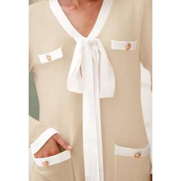 MEROKEETY Women Long Sleeve Color Block Sweater Dress Button Bow Tie Elegant Formal Work Mini Dresses, Apricot, X-Large