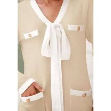 MEROKEETY Women Long Sleeve Color Block Sweater Dress Button Bow Tie Elegant Formal Work Mini Dresses, Apricot, X-Large