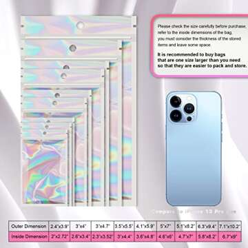 100 Pack Smell Proof Bag,Resealable Bags for Small Business with Front Window Holographic Bags Sample Bags with 100 Labels Mylar Bags for Food Storage,Jewelry,Lip Gloss,Gift(3 X 4.7 Inch)