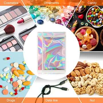 100 Pack Smell Proof Bag,Resealable Bags for Small Business with Front Window Holographic Bags Sample Bags with 100 Labels Mylar Bags for Food Storage,Jewelry,Lip Gloss,Gift(3 X 4.7 Inch)