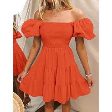 ZESICA Women's Boho 2025 Summer Square Neck Puff Sleeve Off Shoulder Smocked Tiered Casual A Line Sh...