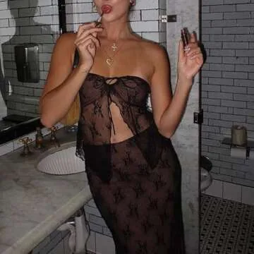 XFLnaraz 2 Piece Womens Lace Floral Outfits Mesh Patchwork Crop Tube Top Bodycon Maxi Skirt Sets Party Streetwear (Black, L)