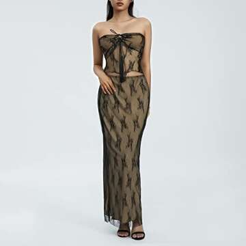 XFLnaraz 2 Piece Womens Lace Floral Outfits Mesh Patchwork Crop Tube Top Bodycon Maxi Skirt Sets Party Streetwear (Black, L)