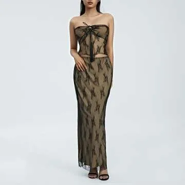 XFLnaraz 2 Piece Womens Lace Floral Outfits Mesh Patchwork Crop Tube Top Bodycon Maxi Skirt Sets Party Streetwear (Black, L)