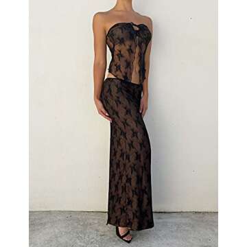 XFLnaraz 2 Piece Womens Lace Floral Outfits Mesh Patchwork Crop Tube Top Bodycon Maxi Skirt Sets Party Streetwear (Black, L)