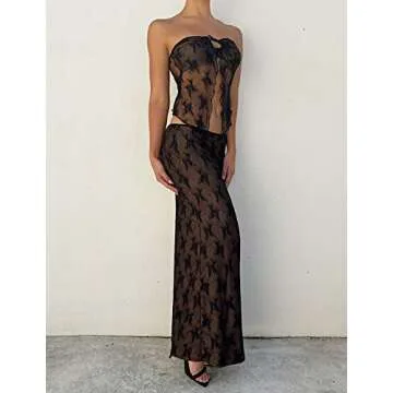 XFLnaraz 2 Piece Womens Lace Floral Outfits Mesh Patchwork Crop Tube Top Bodycon Maxi Skirt Sets Party Streetwear (Black, L)