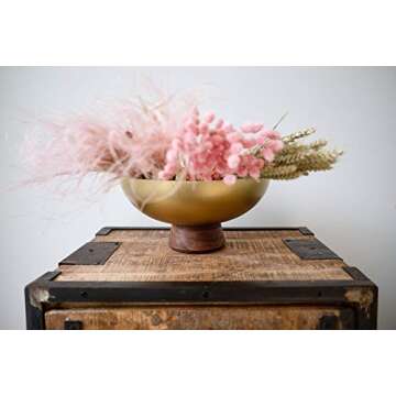 Gold Metal Decorative Centerpiece Bowl for Coffee Table, Wedding & Dining Table, Functional Tray, Living Room Decoration with Wooden Stand, Floral House Decor, Modern Chic Home Accent