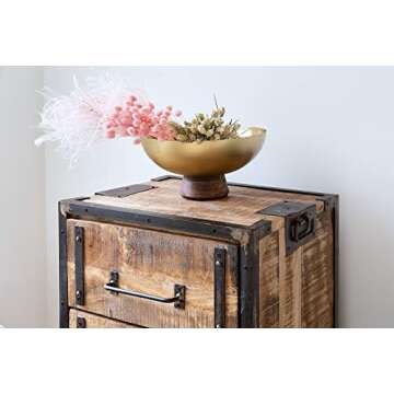 Gold Metal Decorative Centerpiece Bowl for Coffee Table, Wedding & Dining Table, Functional Tray, Living Room Decoration with Wooden Stand, Floral House Decor, Modern Chic Home Accent