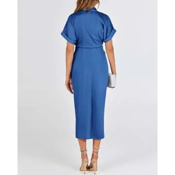 BTFBM 2025 Women Button Down Ruched Shirt Dresses Short Sleeve Lapel V Neck Elegant Party Spring Summer Maxi Satin Dress(Short Sleeve Brilliant Blue, Small)